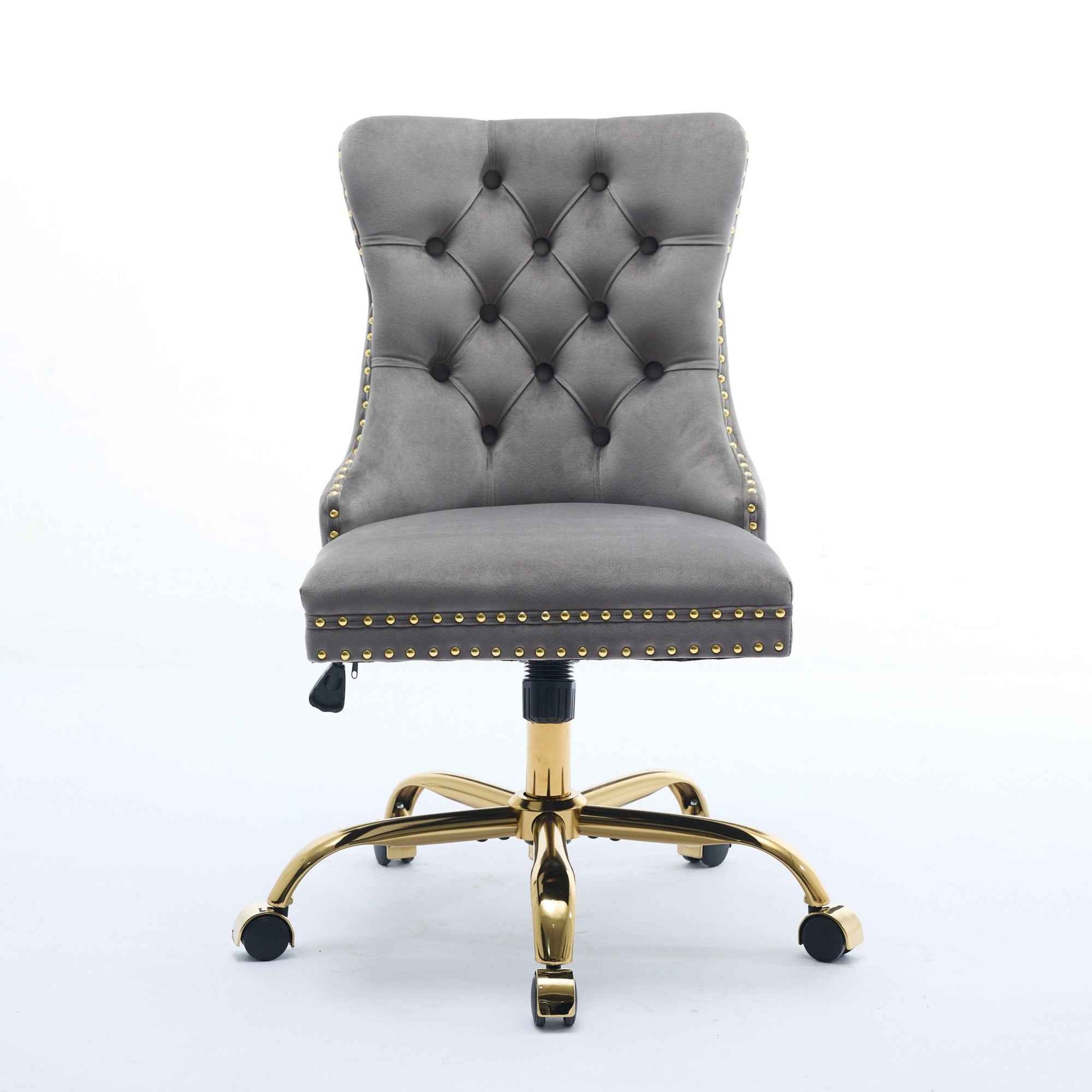 Gray Velvet Tufted Office Chair – Modern Upholstered Swivel Desk Chair with Gold Metal Base (Deliver to United States Only)
