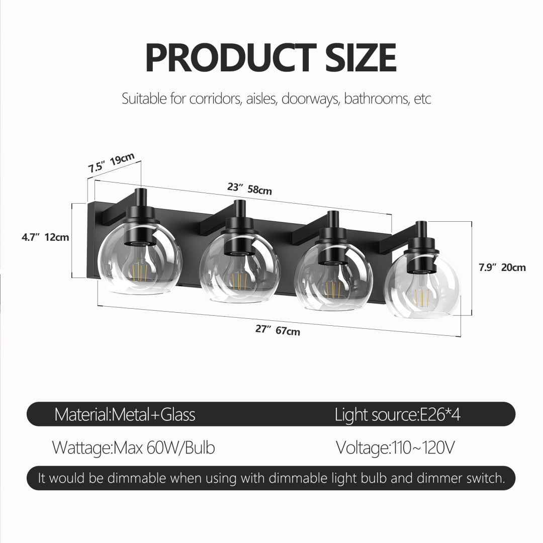 4-Light Matte Black Bathroom Vanity Light – Clear Glass Globe Wall Fixture