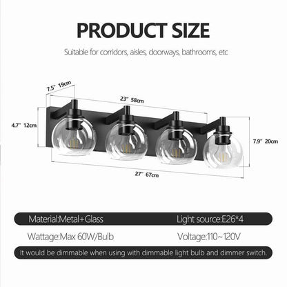 4-Light Matte Black Bathroom Vanity Light – Clear Glass Globe Wall Fixture