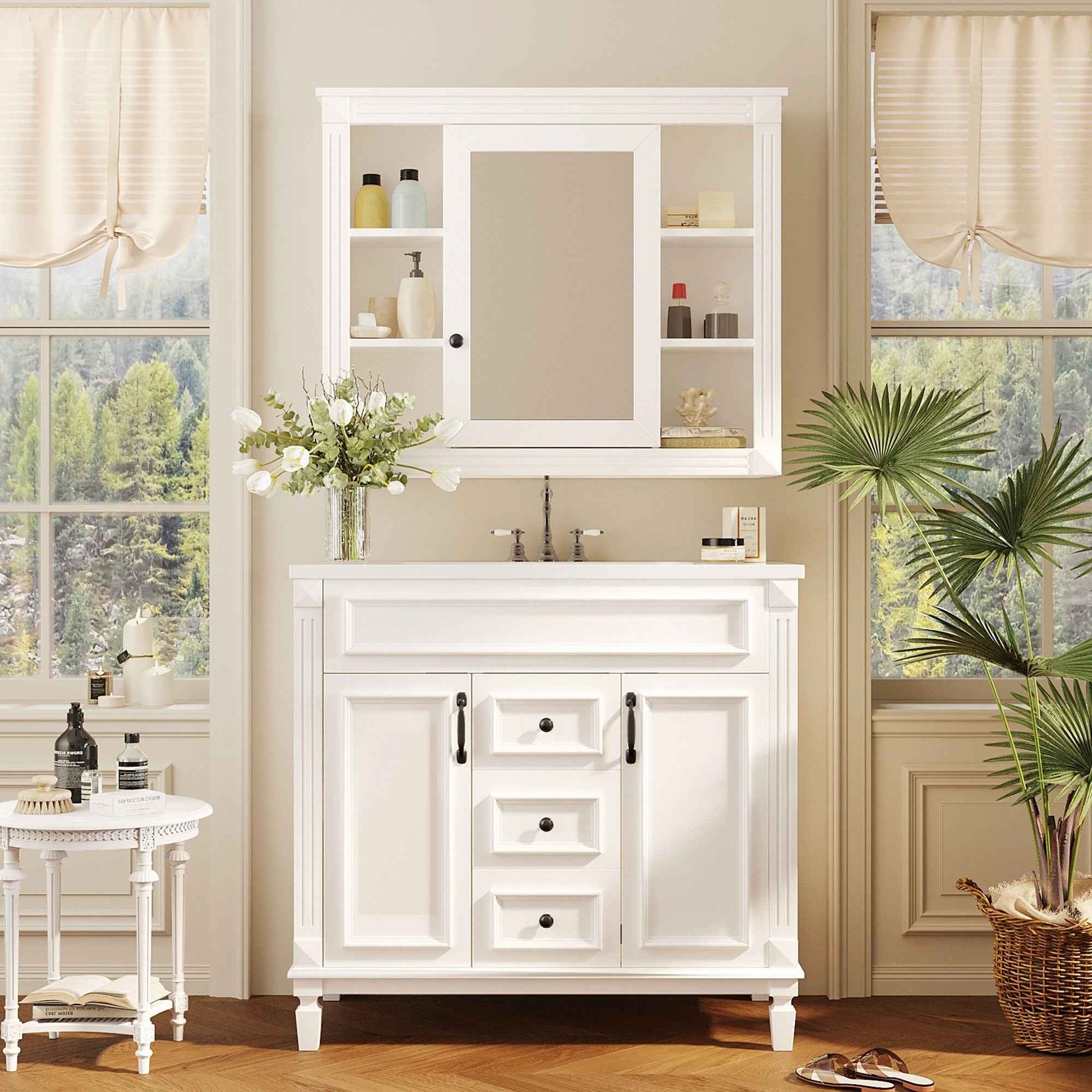 36-Inch White Bathroom Vanity with Sink & Mirror Cabinet – Modern Storage Vanity with Soft-Close Doors