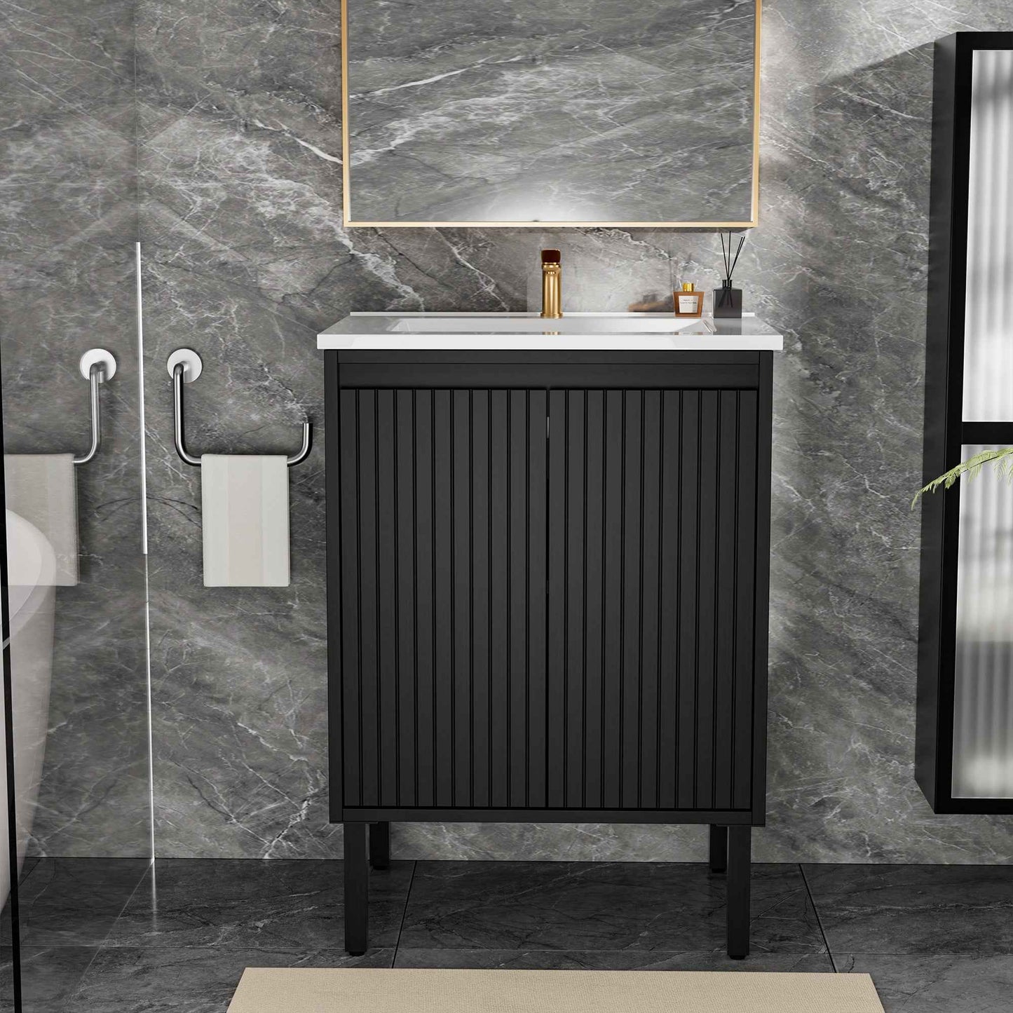 24-Inch Matte Black Bathroom Vanity Cabinet – Freestanding Storage Vanity Base Without Sink