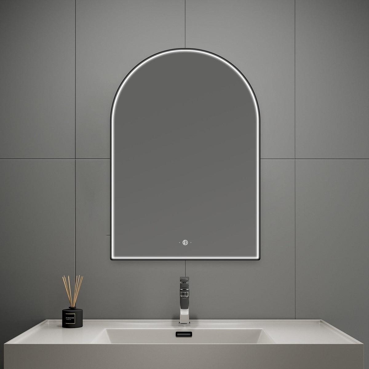 24" x 34" Arched LED Bathroom Mirror, Front-Lit Black Frame, Motion Sensor, Anti-Fog