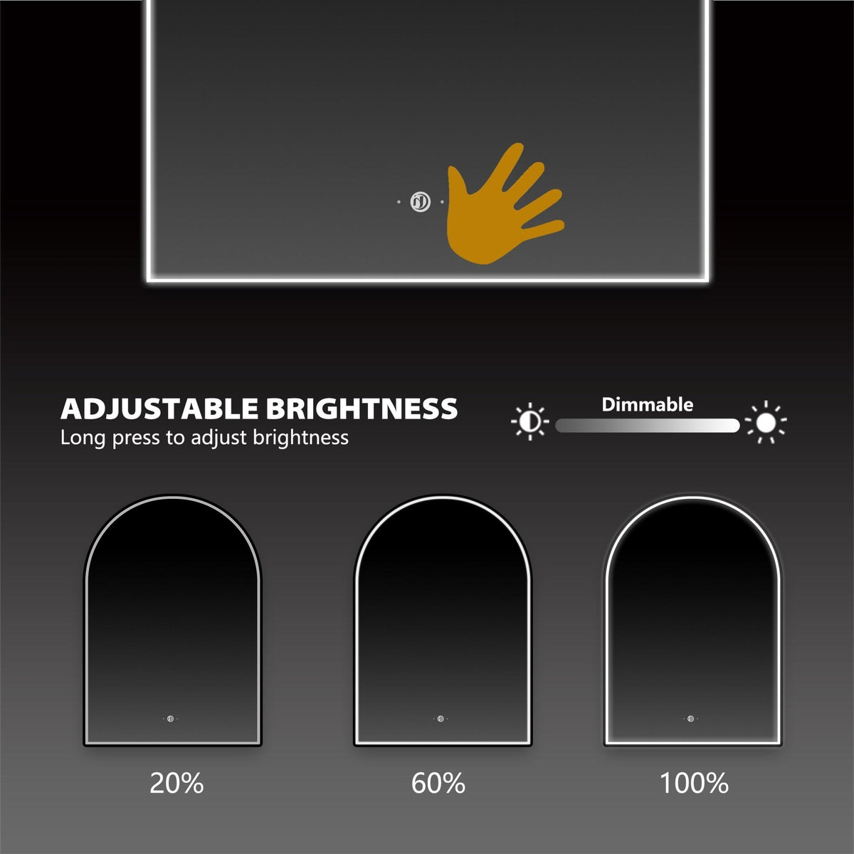 24" x 34" Arched LED Bathroom Mirror, Front-Lit Black Frame, Motion Sensor, Anti-Fog