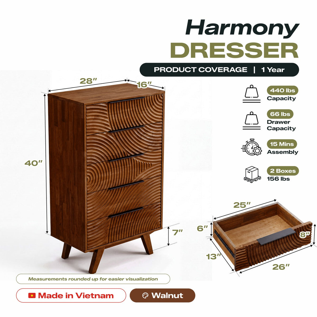 Harmony Solid Wood Dresser with 5 Drawers