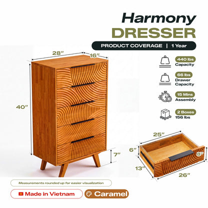 Harmony Solid Wood Dresser with 5 Drawers