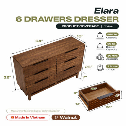 Elara Solid Wood Dresser with 6 Drawers