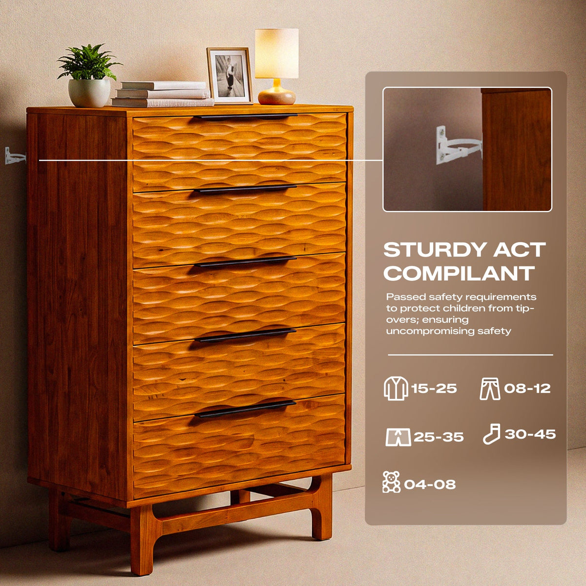 Elara Solid Wood Dresser with 5 Drawers
