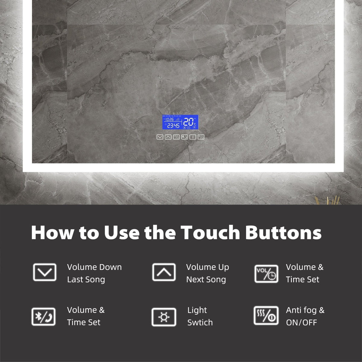 LED Bluetooth Bathroom Mirror with Speaker, Anti-Fog, Dimmable – 24" / 30" / 36" / 42" / 60" x 32"