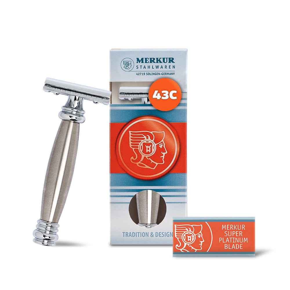 Merkur 2-Piece DE Safety Razor, Closed Comb, Straight Cut, Extra Long Stainless Steel Handle