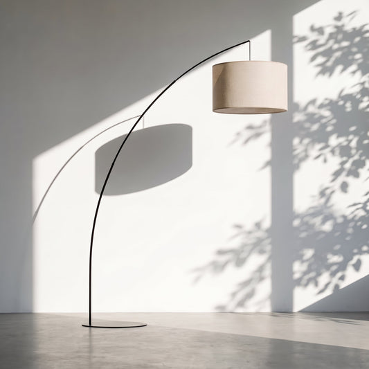 MOBY Extra Large Beige Linen Arc Floor Lamp for Living Room & Sofa