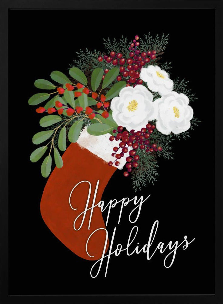 Wall art Floral Stocking Happy holidays in black Canvas Print