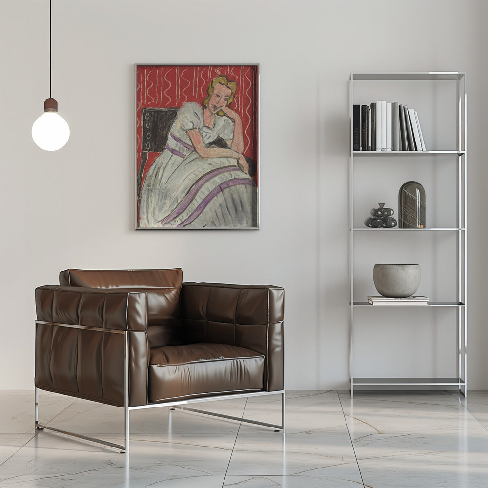 Wandbild Junge Frau In Grauem Kleid Sitzend