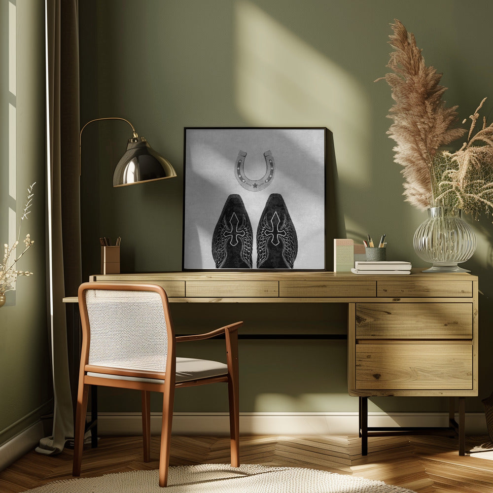 Wall Art Bw Cowboy Boots and Horseshoe
