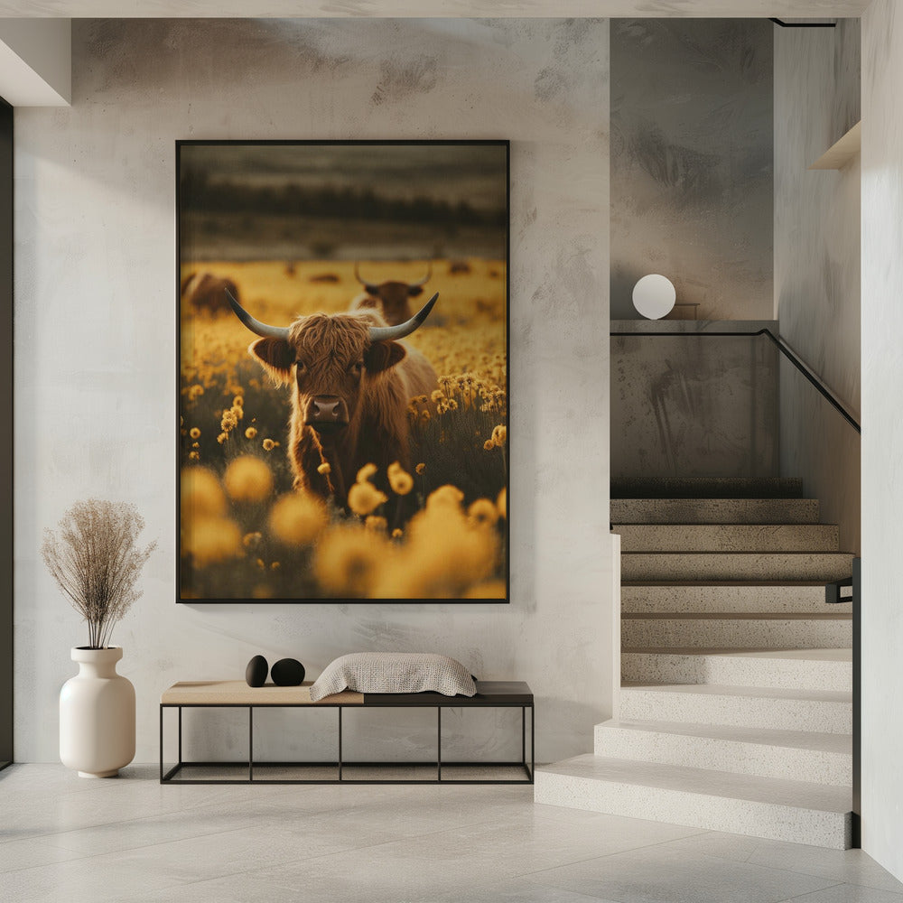 Wall Art Highland Cows In Flower Field