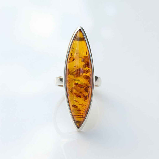 Golden Amber Marquise Ring | Silver Baltic Amber Ring |Tears of the Sun