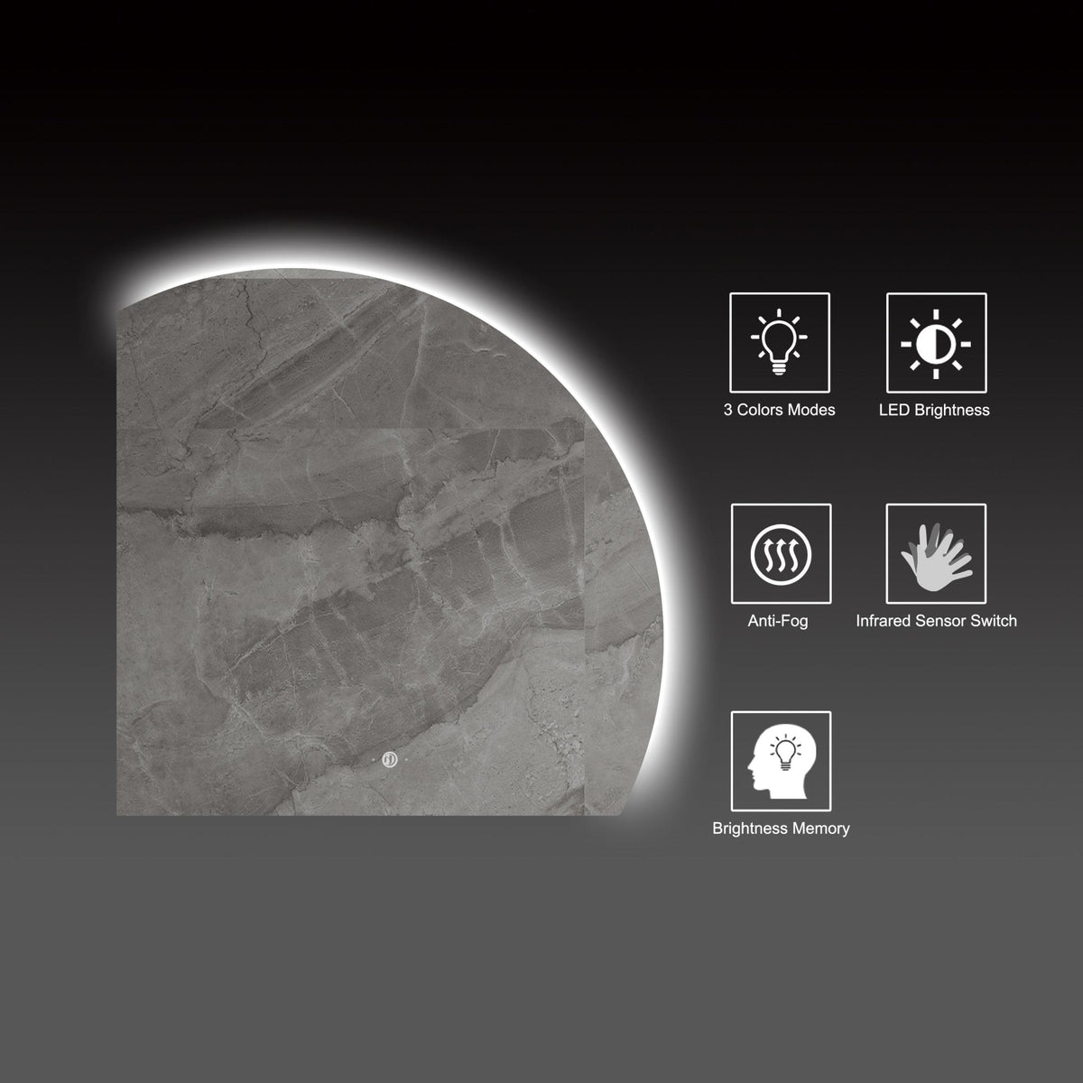 Semi-Circle LED Bathroom Mirror, Stepless Dimming, Tempered Glass – 32"x32" / 36"x36" / 42"x42"