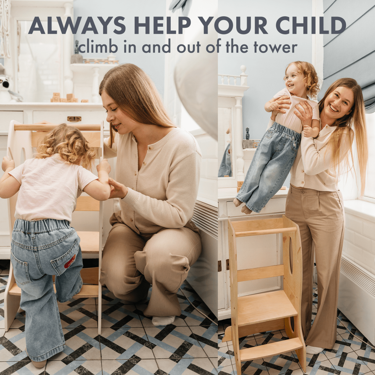 Stable Montessori Tower: Wooden Growing Chair - Beige