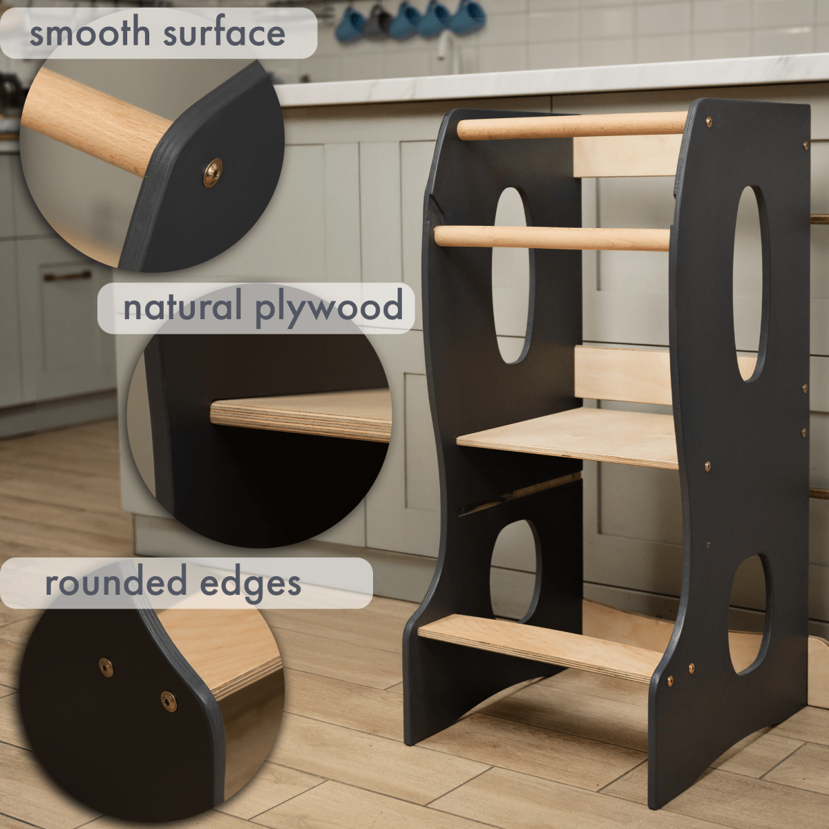 Stable Montessori Tower: Wooden Growing Chair - Grey
