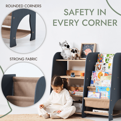 Wooden Montessori Shelves for Toddler 2in1: Bookshelf & Toy Shelving