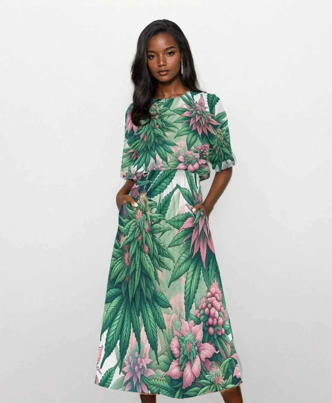 Pink Haze Floral A-Line Midi Dress with Pockets